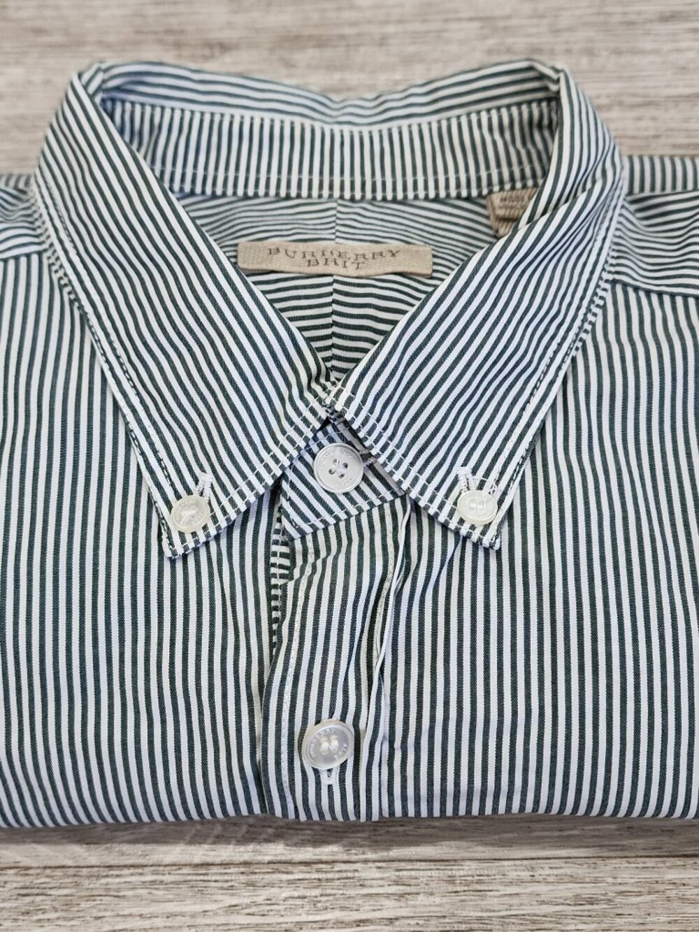 Burberry Brit Long Sleeve Shirt Green Stripe Men's L Designer Logo Preppy Luxury